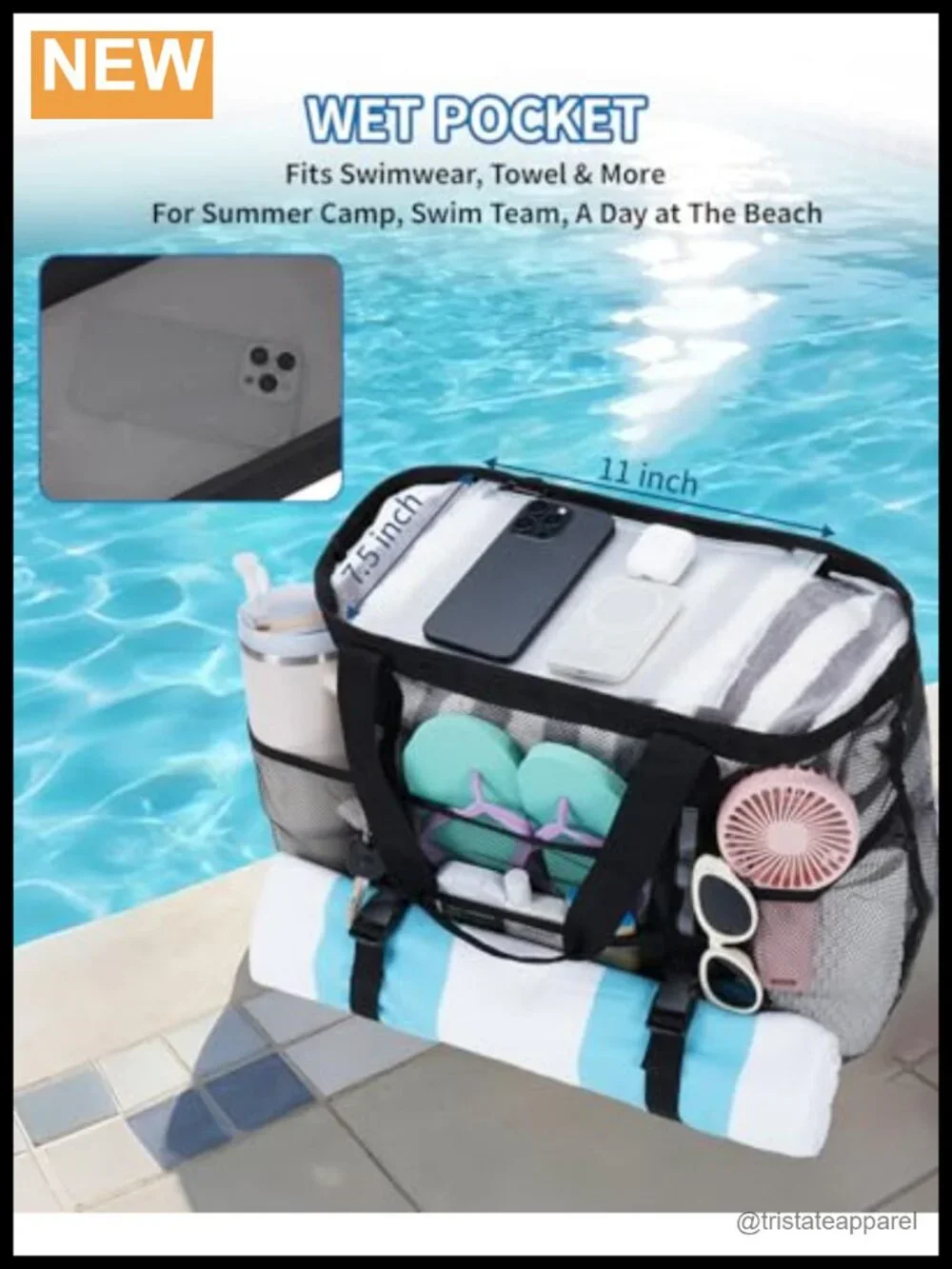 Mesh Beach Bag with 40oz Tumbler Pockets, Wet Pocket, Sandproof, Large Tote for